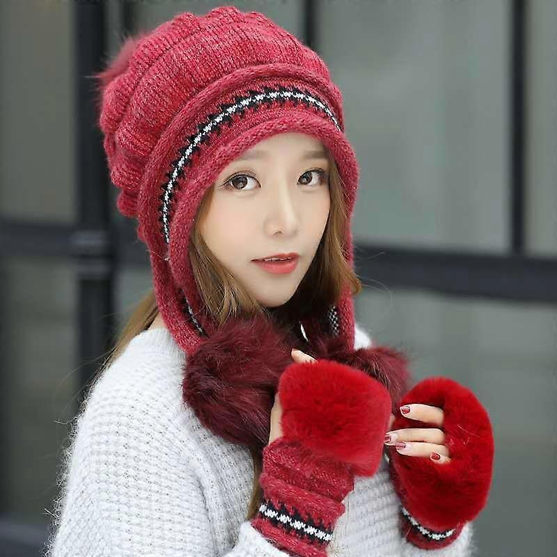 Knitted thermal beanie and gloves  Red