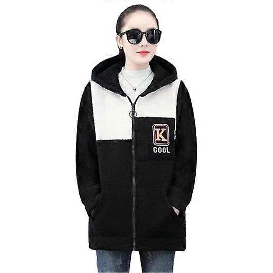 Lady Fall Winter Coat Thick Fleece Colorblock Long Sleeve Hooded Pockets Mid Length Zipper Closure Cardigan Warm Loose Lady Jacket