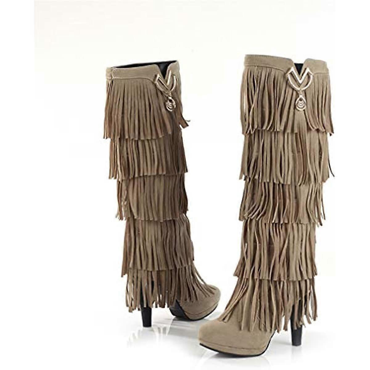 Women's Brown Fringe Wedge Boots - Faux Suede Mid-Calf Moccasin Style