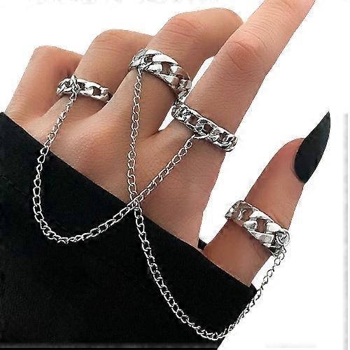 2 pz/set Punk Lungo Nappa Anelli A Catena Per Le Donne Hip Hop Uomini Colore Argento Cavo Geometrico Coppia Anello Set Moda Partito Gioielli