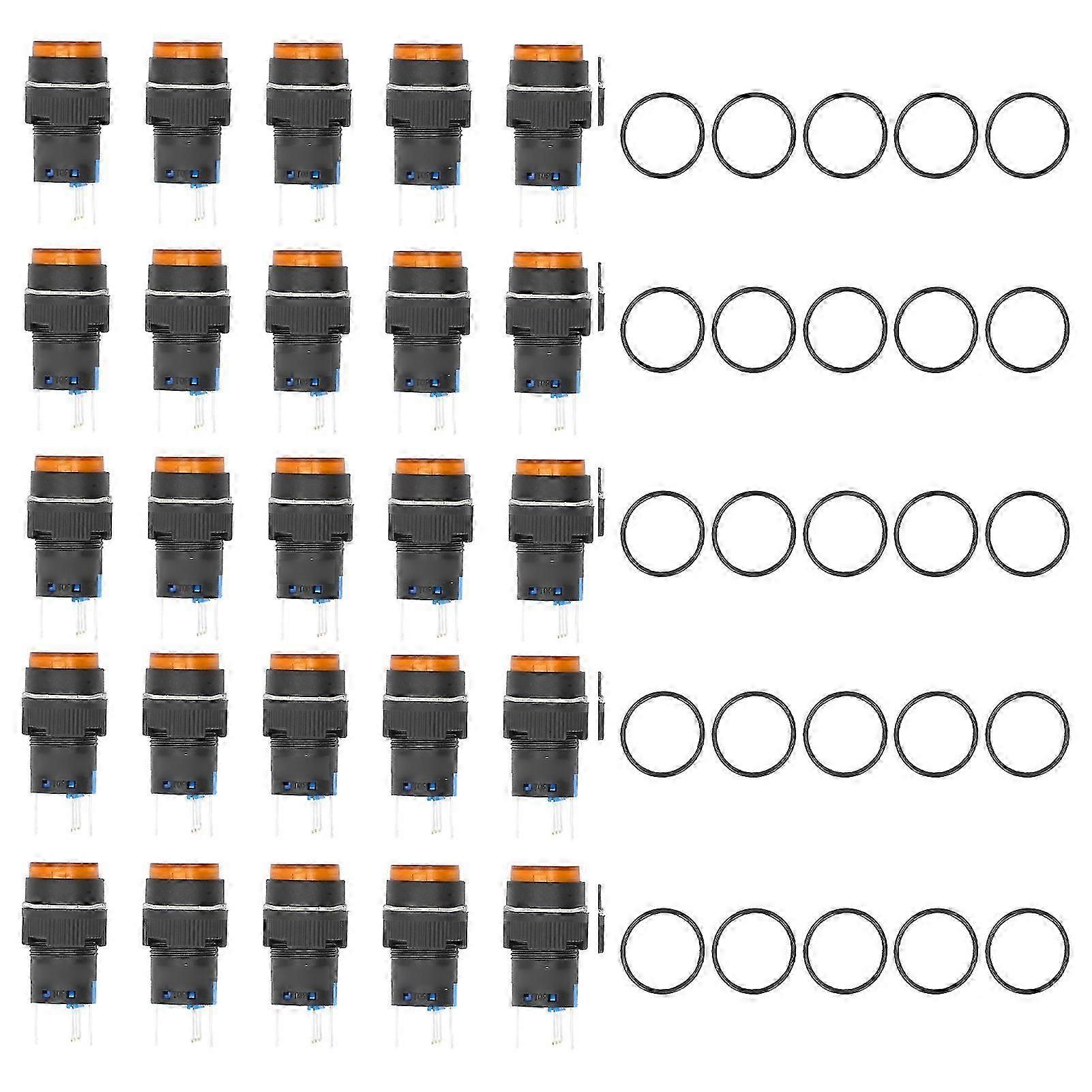 25Pcs Button Switch Momentary Self Locking 5 Pin 16mm with Light 24V Set Kit for EquipmentYellow