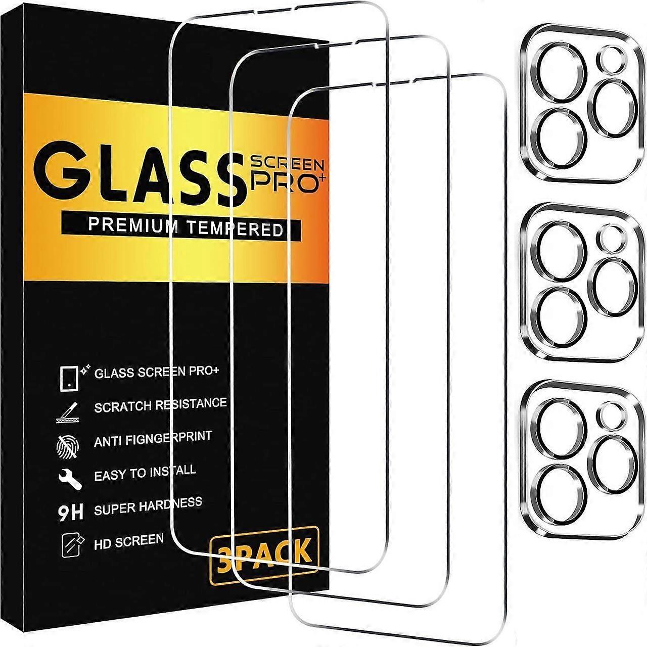3 Pack Screen Protector for iPhone 13 Pro Max with 3 Pack Camera Lens Tempered Glass Protector, 6.7 Inch HD Clear Glass Film 9H Hardness Full Coverage