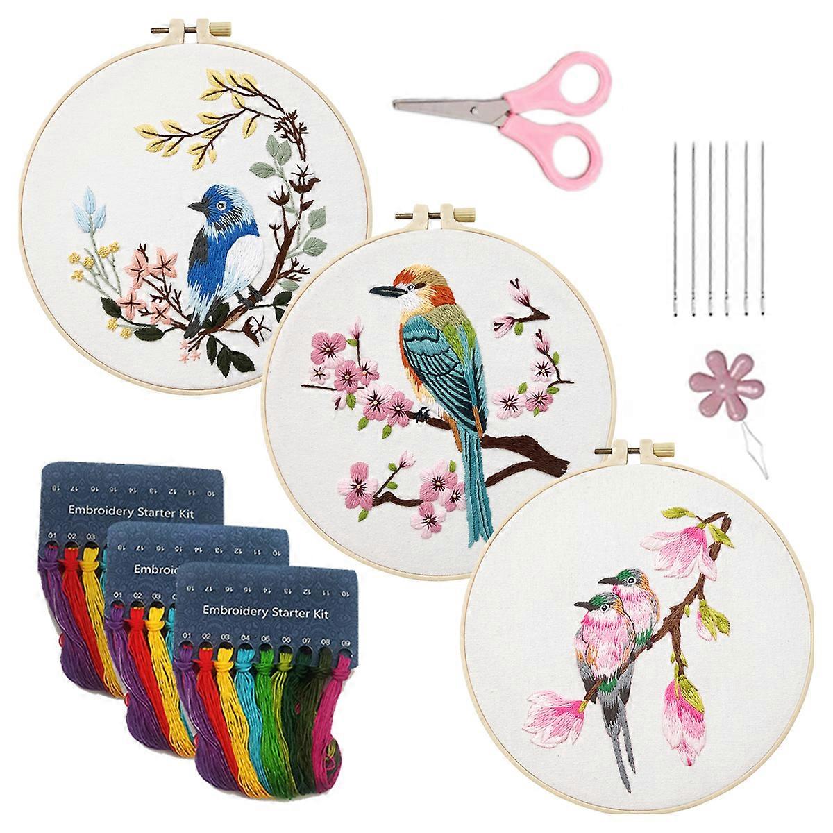 3 Sets Bird Embroidery Kits for Beginners,Adults Starter Flower Pattern Cross Stitch Kit DIY Needlepoint Kits with Embroidery Instructions