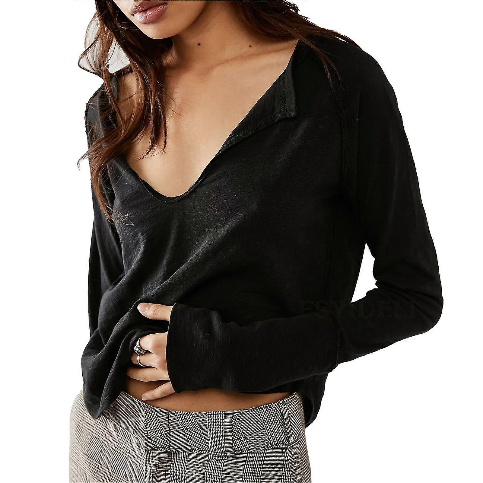 Long Sleeve Basic Tee Shirt V Neckline Asymmetrical Hem Plain Color Loose Fitted Basic Tee Shirt