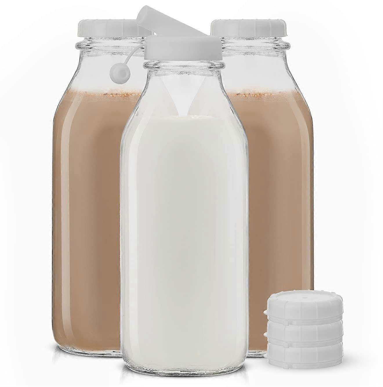Covered Glass Milk Bottles 32 OZ - 3 Pack Heavy Reusable Air-Proof Glass Bottles with Lids for Storage