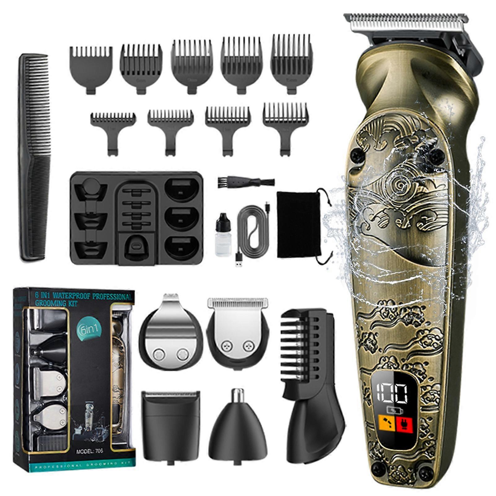 Full Metal Body Hairdresser 6 in 1 Multi Function Electric Push Clipper Nose Hair Clipper Set With 6 Blade Heads Intelligent LCD Power Display 7000RP