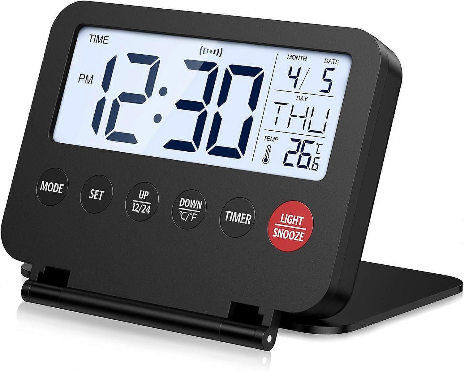 Digital Alarm Clock, Mini Foldable Travel Alarm Clock with Calendar, Temperature /, Date, LCD Display, Wake Up Light, Snooze and 6S Backlight, Battery