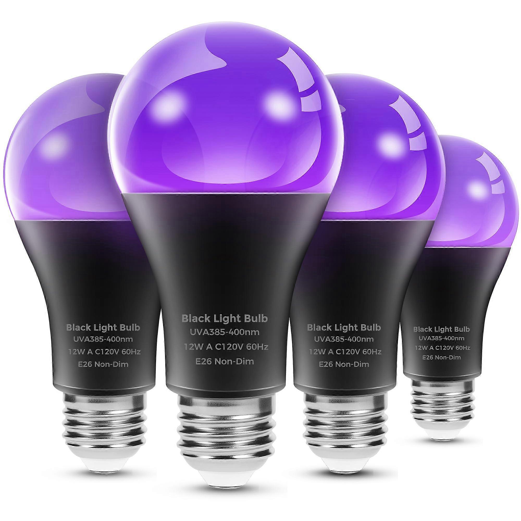 UV Black Light Bulbs 12W A19 UVA 385-400nm Wavelength Glow in The Dark for Body Art Paint and Neon Glow Parties 4 Pack