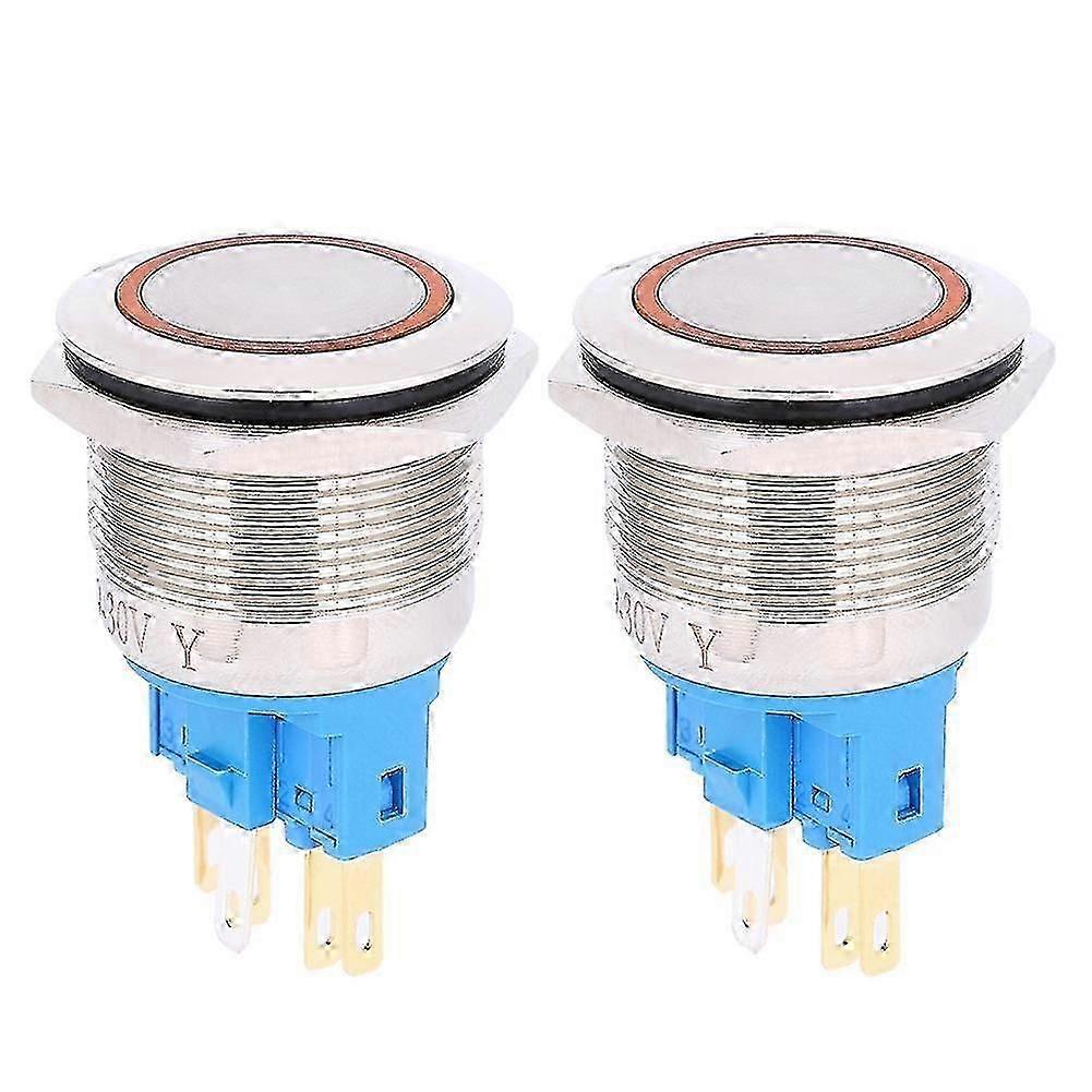 2Pcs AC220V 22mm Stainless Steel Ring Reset Button 6-Pin Push Button Switch ReplacementOrange