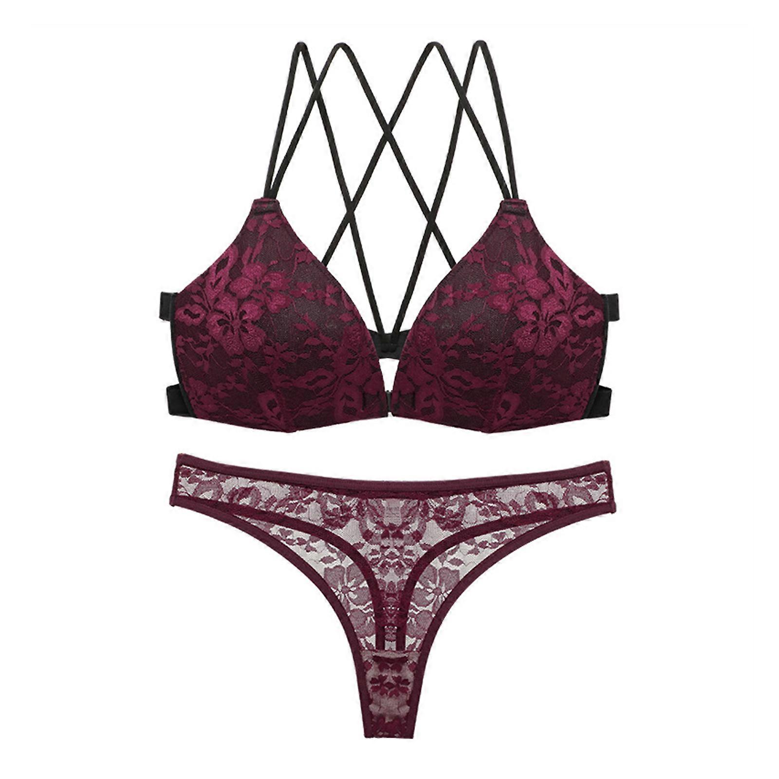 Women's Sheer Lace Lingerie Set Backless Strappy Bra and Panties Sexy Bikini Set Two Pieces Nightwear Sleepwear Set  Red 80B