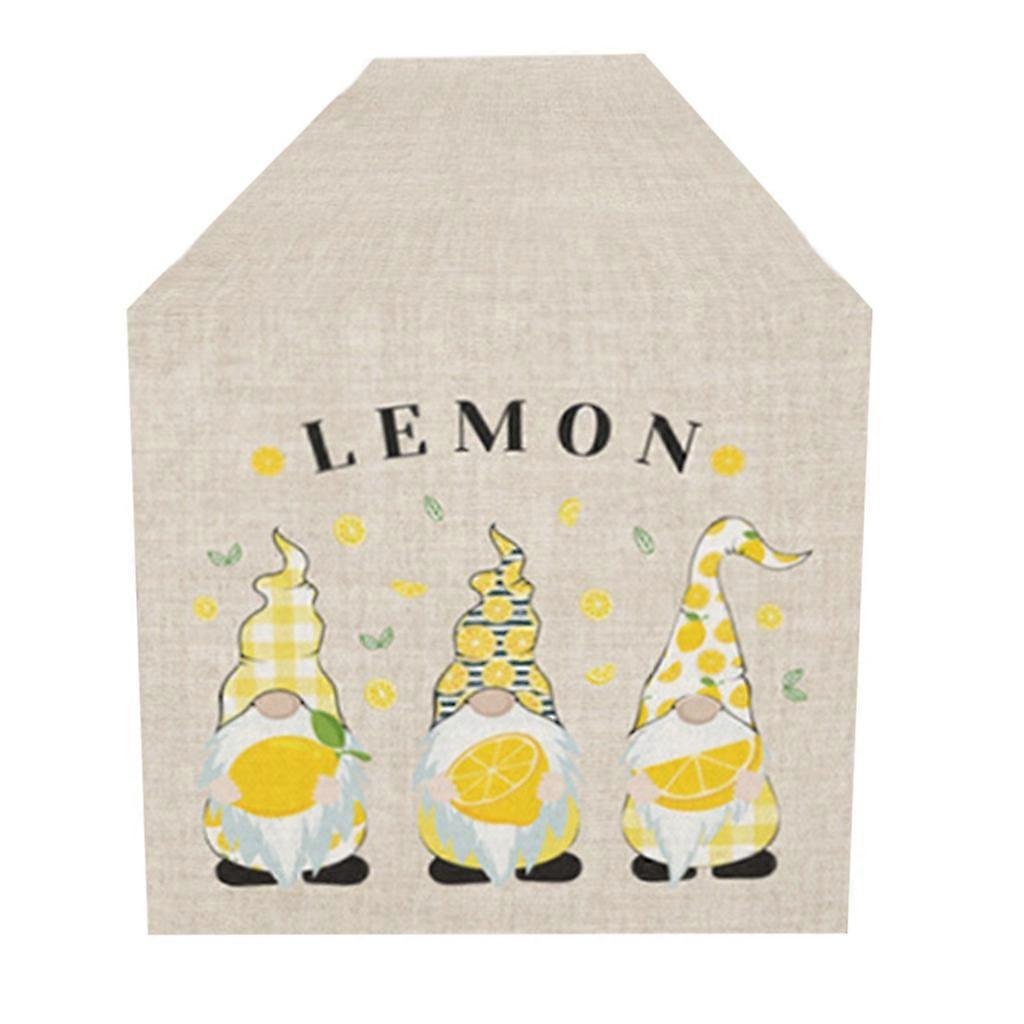 Summer Lemon Faceless Gnome Printed Table Runner Flag Farmhouse Cotton Linen Rectangle Tablecloth Scarf Dresser Cover for Garden Party Dinner