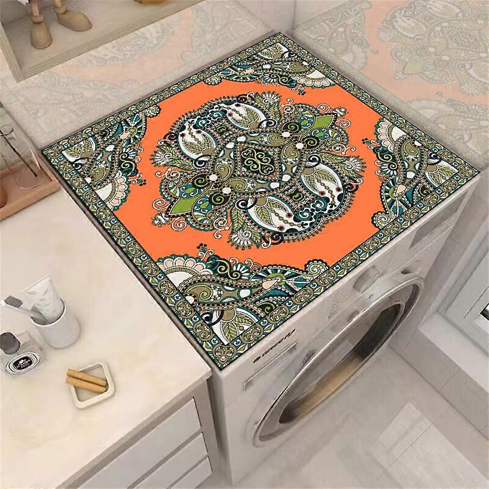 Washing Machine Pad Non-Slip Boho Retro Print Soft Absorbent Cover 60 x 70 cm Orange Green for Dryer and Refrigerator