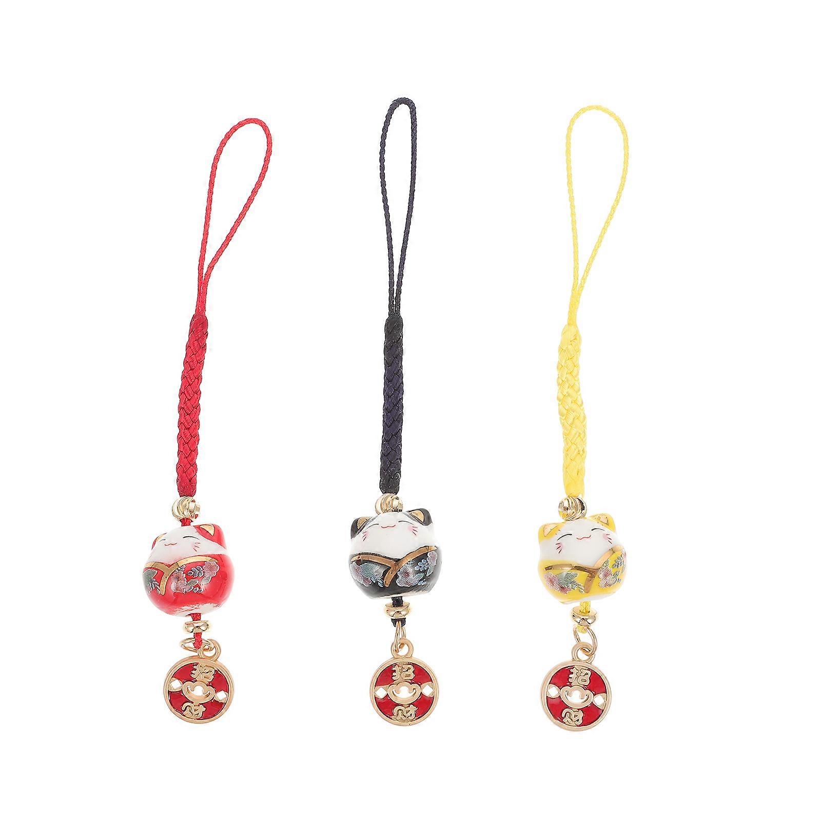 Cat Shape Keyring Ceramic Pendant for Phone Accessory Daily Use Yellow 3Pcs
