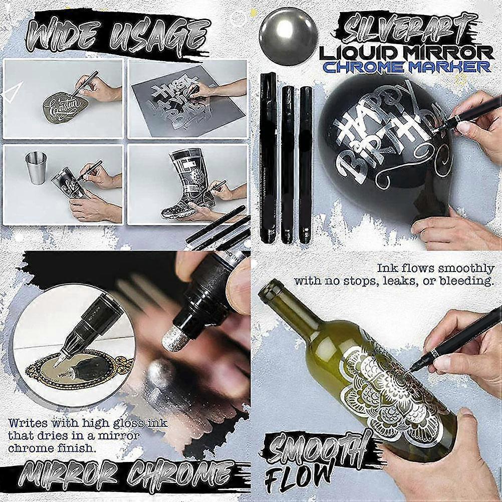 Silver Art Liquid Chrome Marker, Reflective Mirror Pen, DIY Highlighter Pen for Arts and Crafts, Gift Card Marking