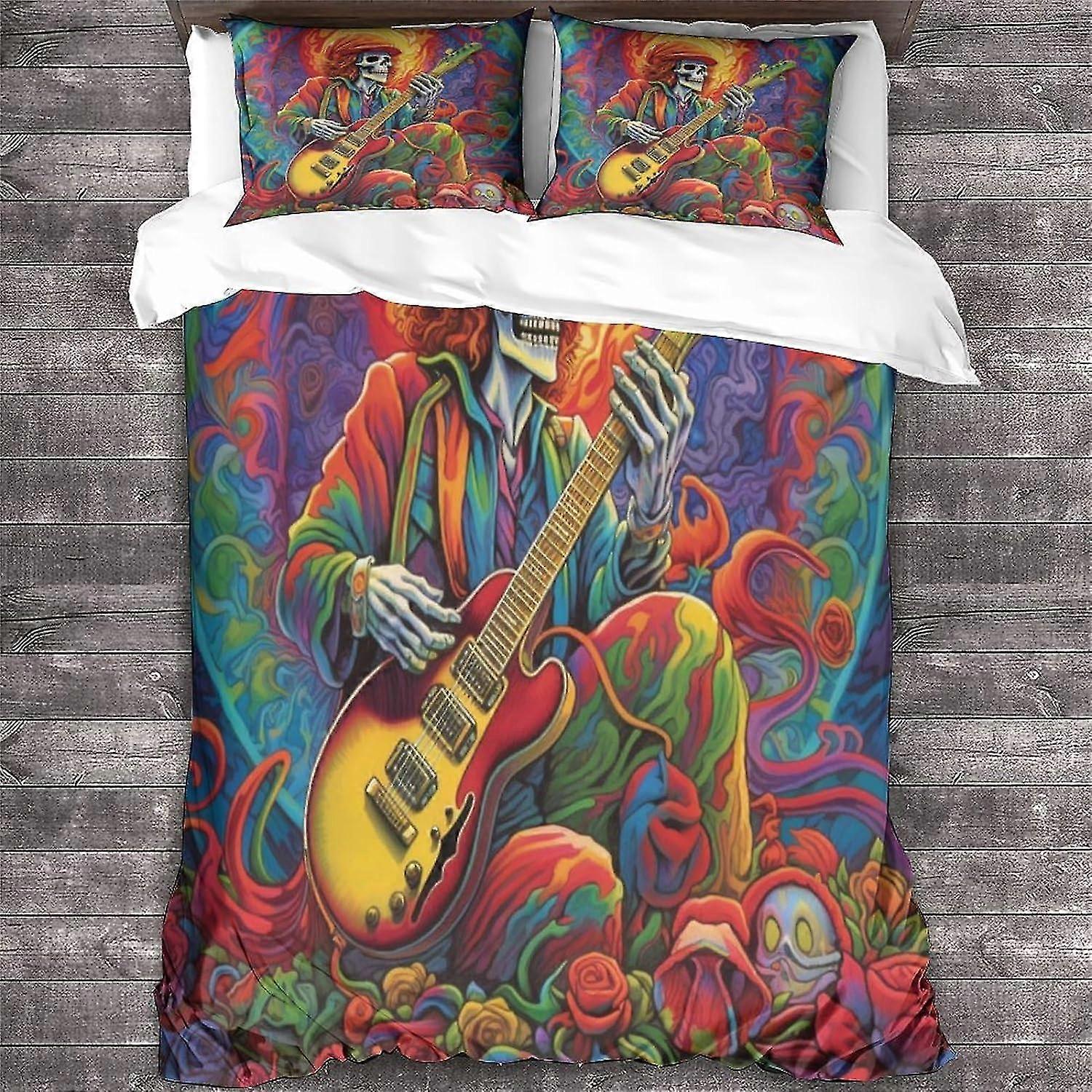 Set copripiumino per chitarra 3D con teschio in metallo pesante, set di biancheria da letto in microfibra al 100% con cuscini 3 pezzi, adatto per letti matrimoniali