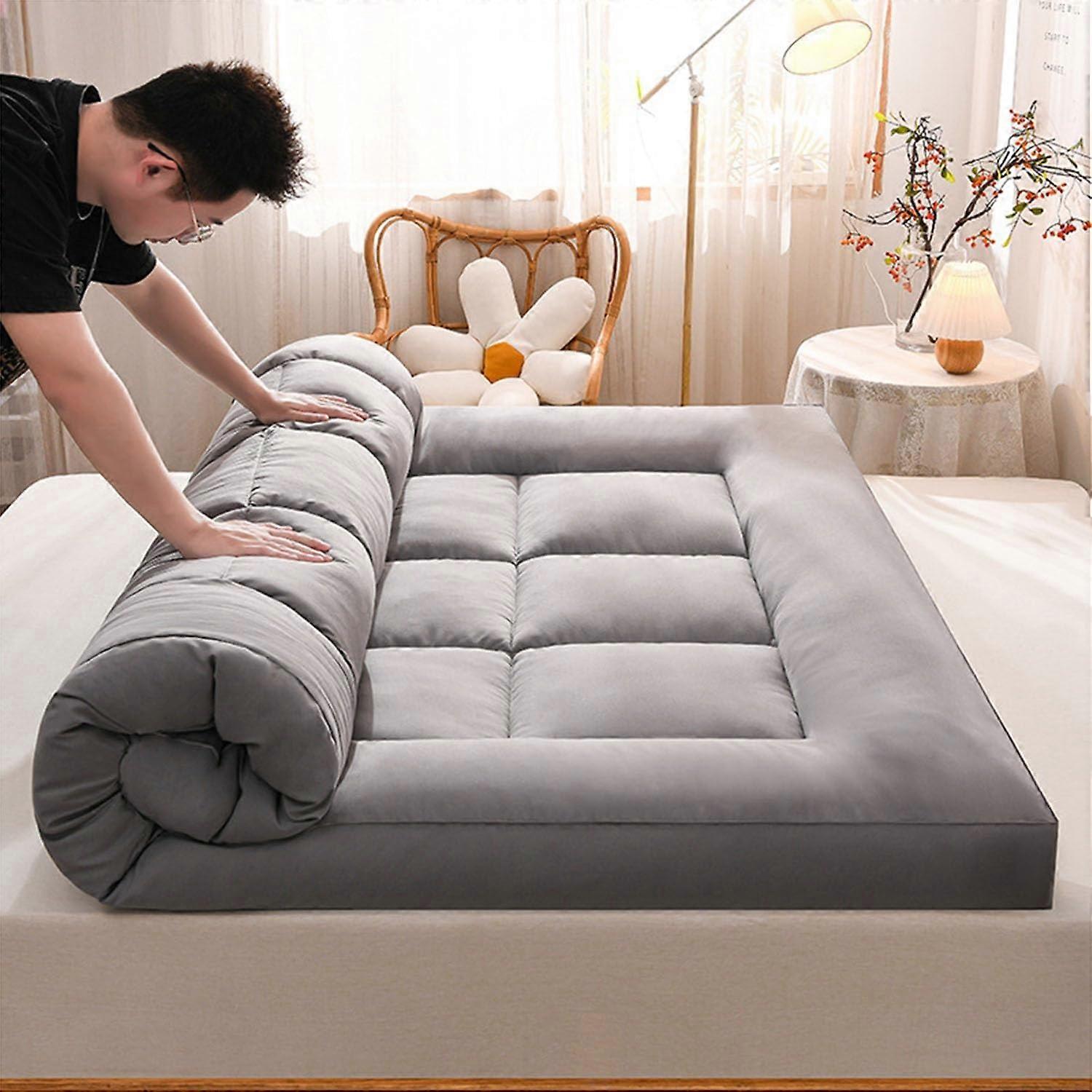 Japanese Foldable Futon Mattress Topper 10cm Thick Double Or Single Roll Up Guest Bed Breathable Grey 120x200cm