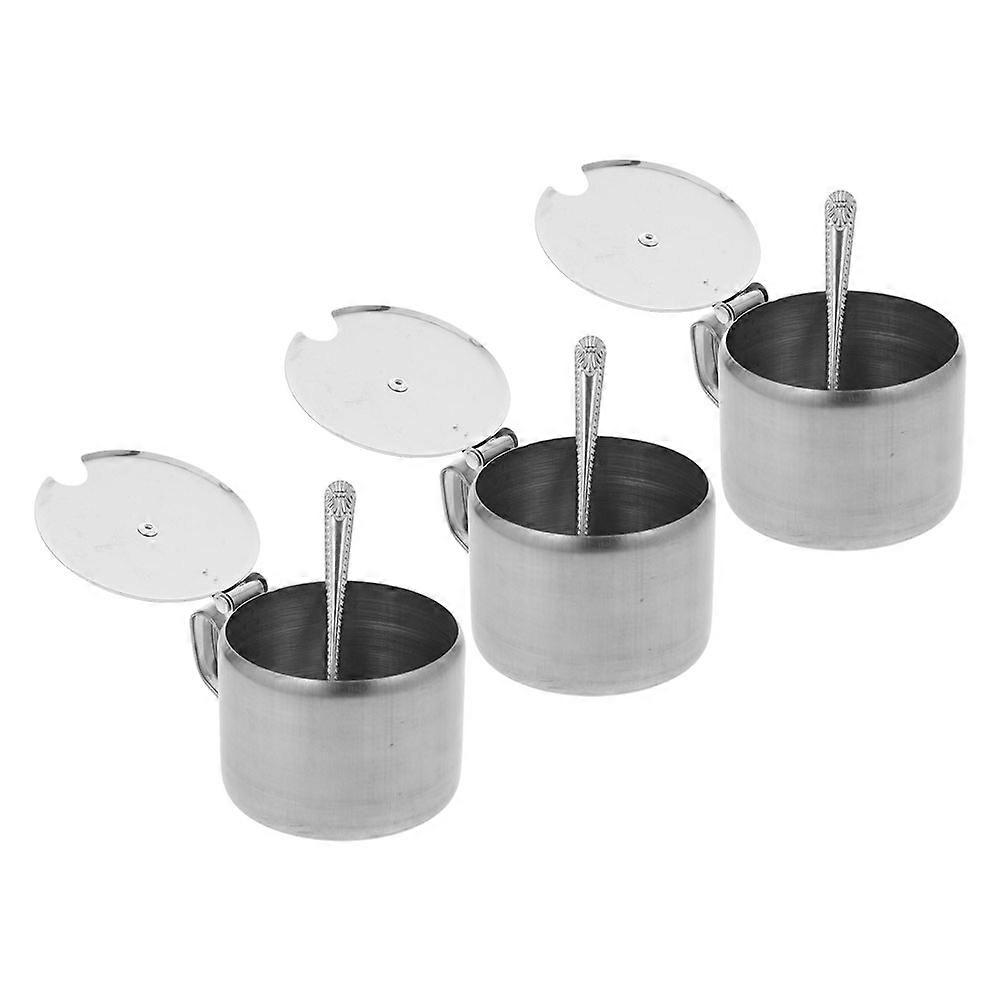 Tigelas de sal, pote para condimentos com colher e tampa, aço inoxidável, design elegante, conjunto com 3