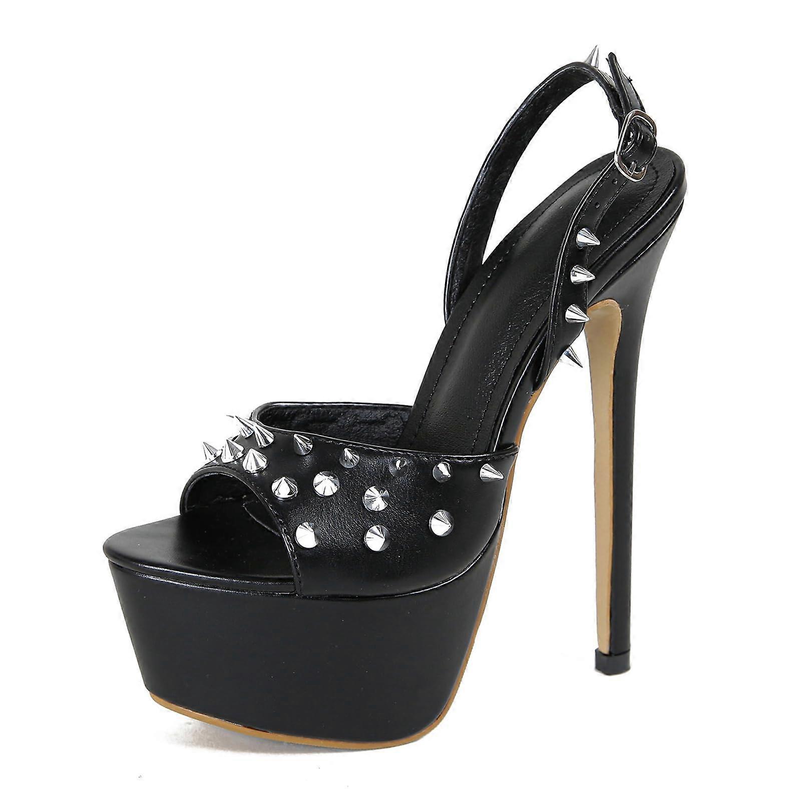 Waterproof Open Toe High Heels Sandals for Women, 16 cm Stiletto with Buckle Strap and Rivets, Size 42 EU, Black