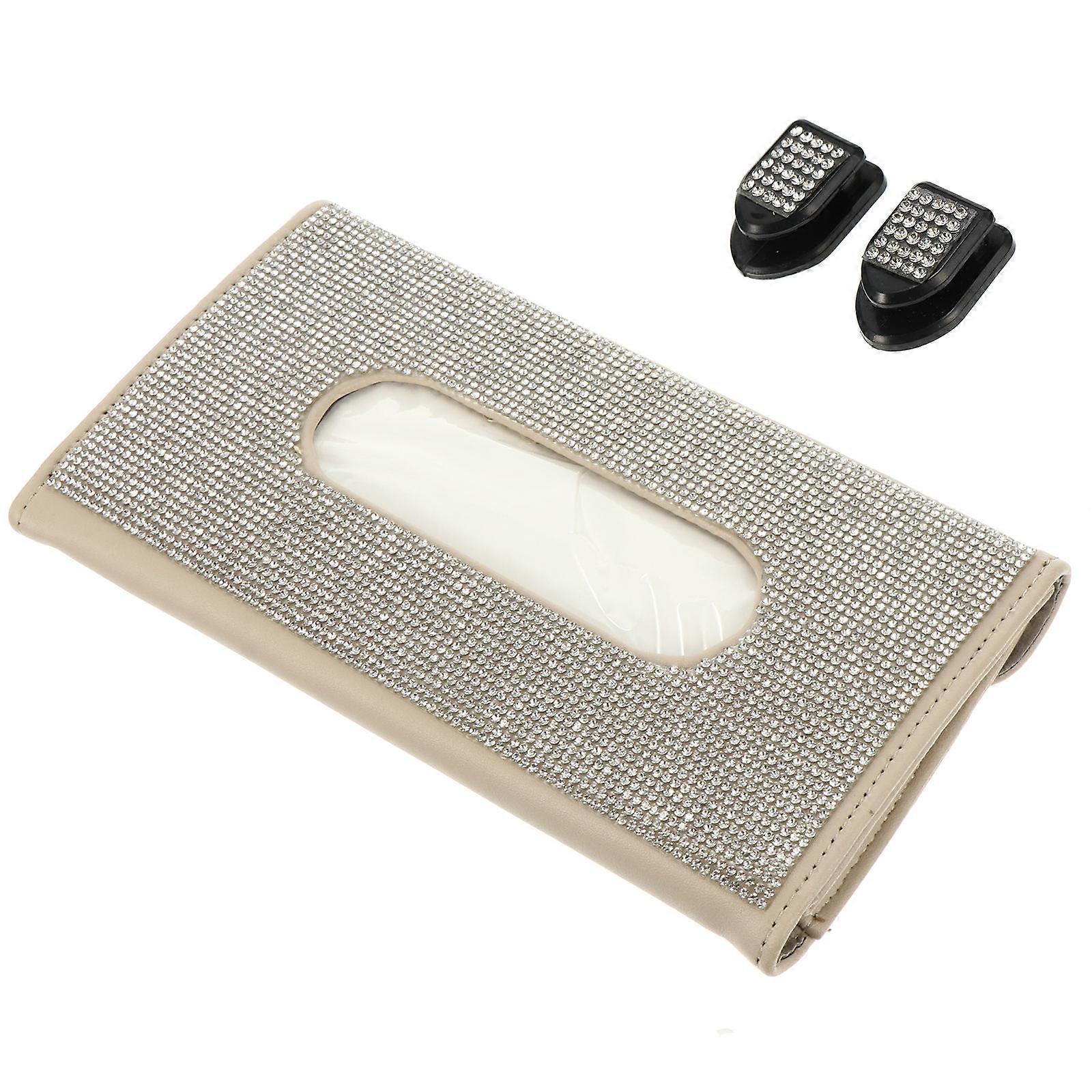 Sequin Decorated Tissue Case Auto Mounted Car Visor Tissue Holder for Easy Access to Napkins and Masks, Durable & Stylish Beige Design