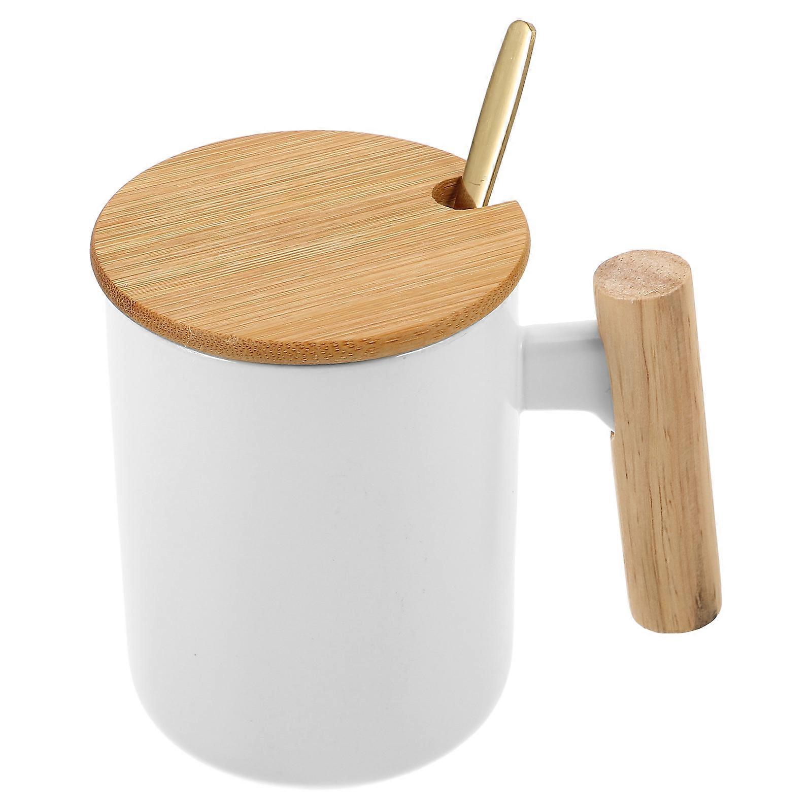 1 Set Ceramic Tea Cup with Wooden Lid and Handle Stylish Ceramic Mug with Spoon for Beverages Multi Functional Use Ceramic Cup