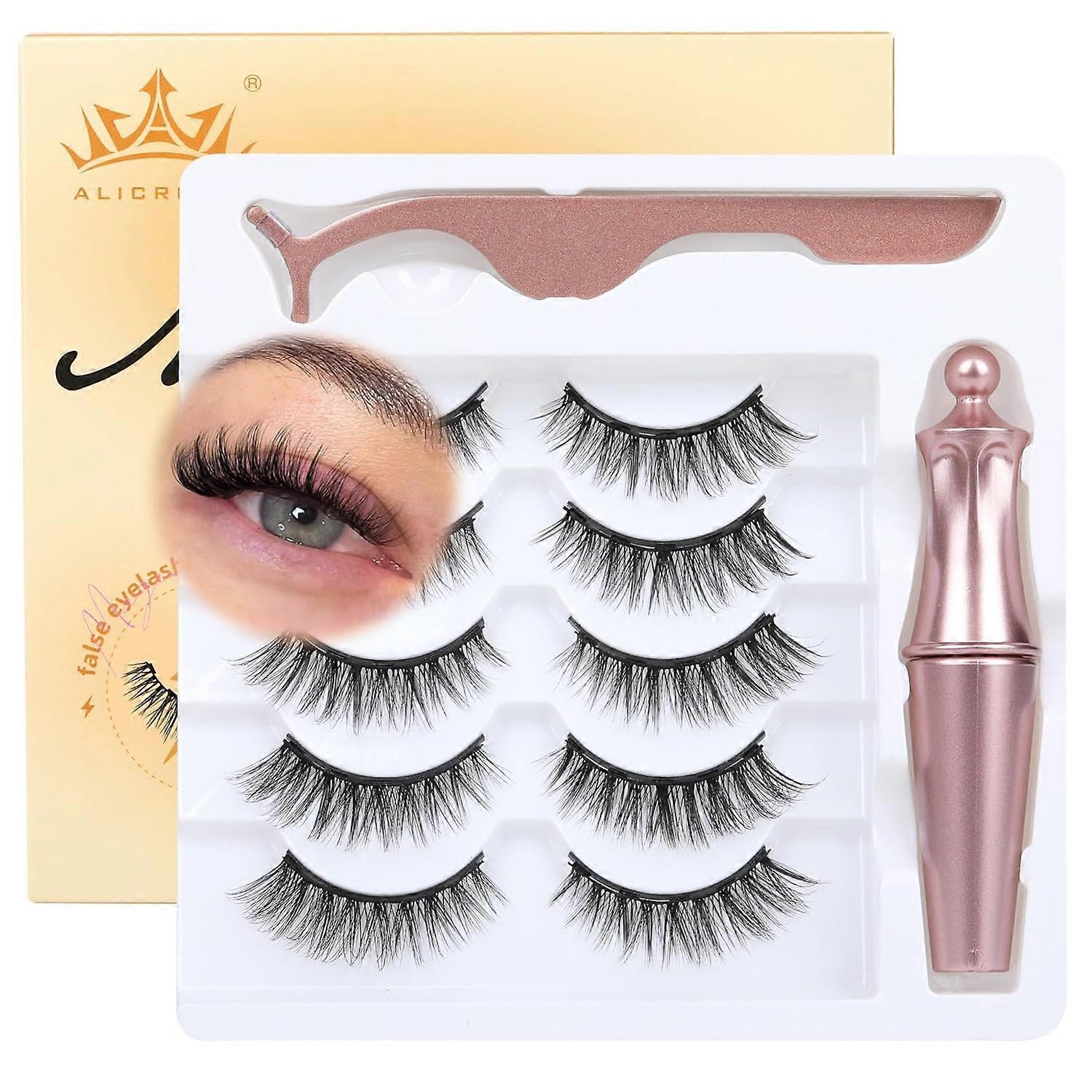Magnetic Eyelashes with Eyeliner Natural Look Magnetic Eyelashes with Applicator No Glue Needed Cat Eye Lashes Slim Magnet Eyelashes 5 Pairs wit