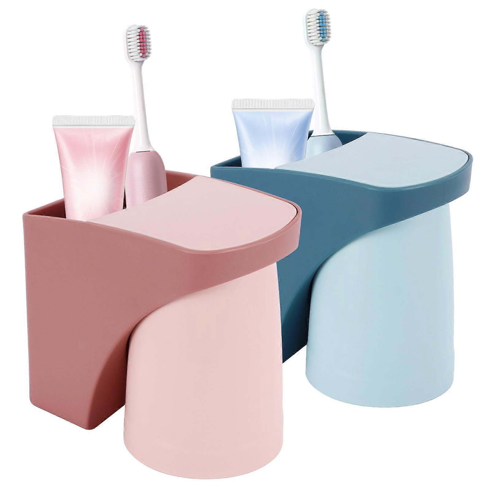 2pcs No-drill Wall-mounted Toothbrush & Cup Set (Red + Blue)