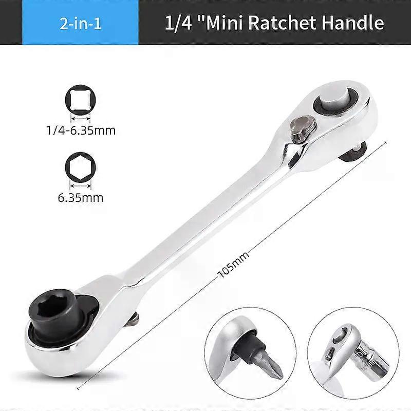 Mini 1/4 inch Double Ended Quick Socket Ratchet Wrench Rod Screwdriver Bit Tool Contain 1 x Ratchet Handle Wrench