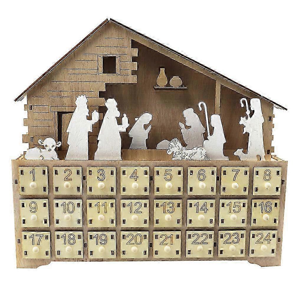 Christmas Advent Calendar Wooden Jesus Decoration LED Battery Operated Holiday