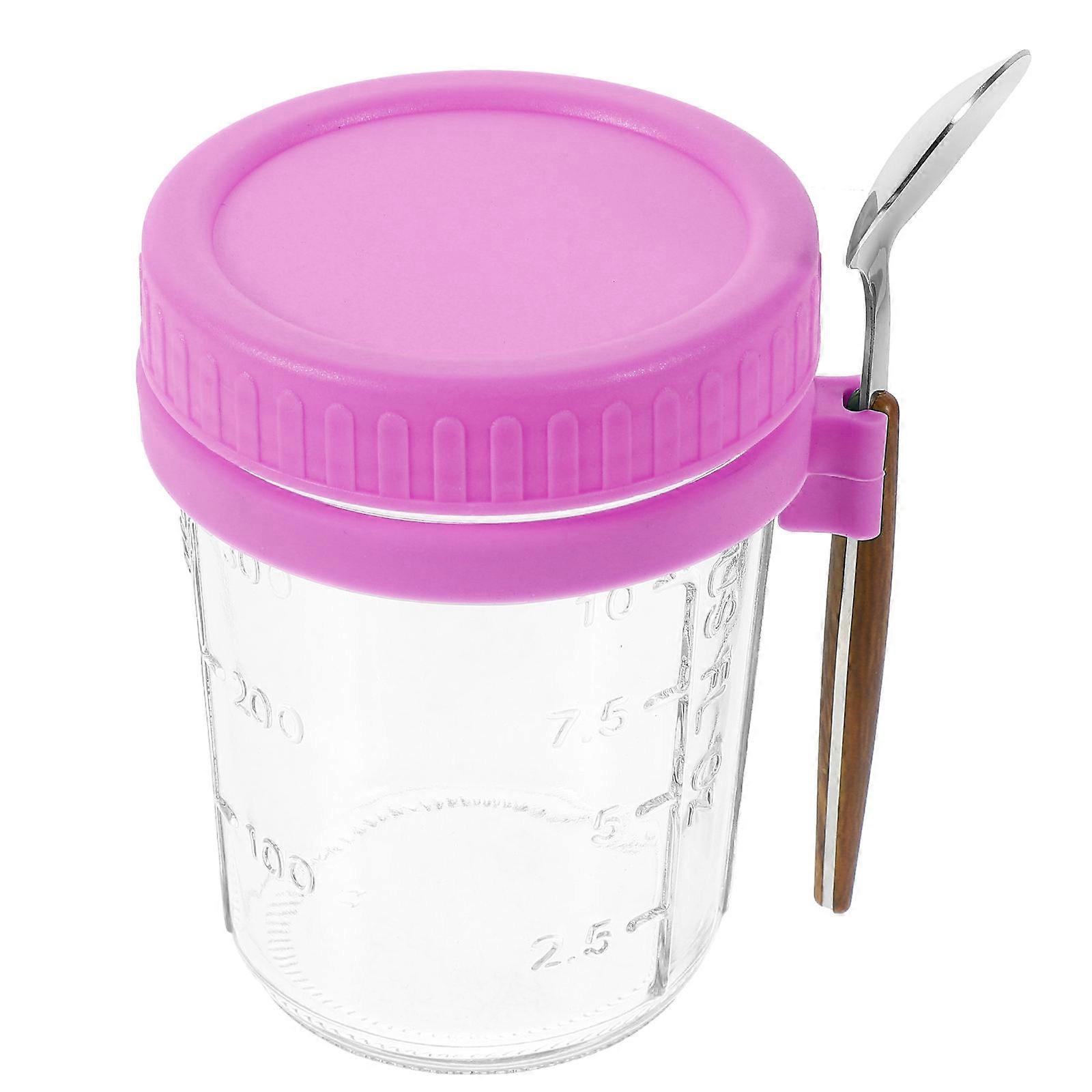 Oats Overnight Container Cylindrical Breakfast Cup for Family Use Purple Glass with Lid and Spoon 1Set
