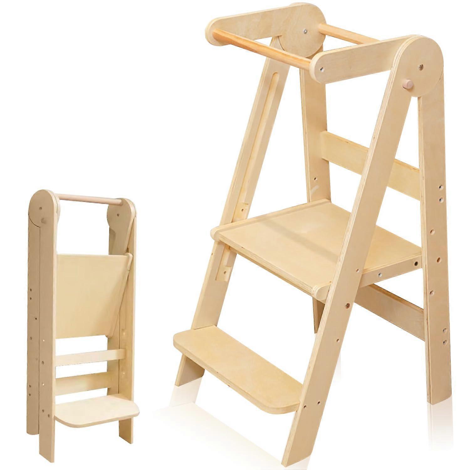 Wooden Learning Tower 3Level Height Adjustable Step Stool Foldable Toddler Kitchen Helper For 16 Years Kids