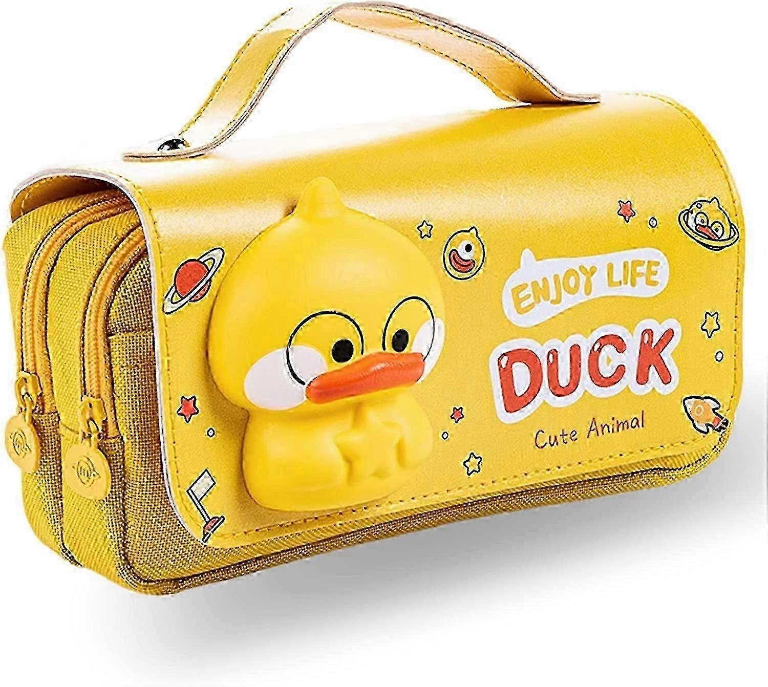Pencil Case, Cute Yellow Duck Pencil Pouch with Decompression Toy, Portable Large Pencil Bag with Handle, 3 Compartments Canvas Kawaii / with Zipper/