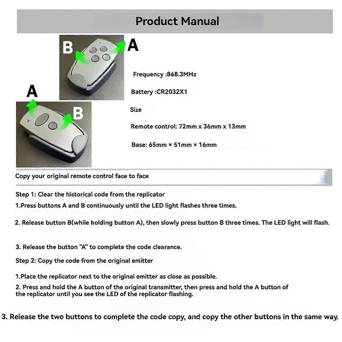 868MHz Garage Door Remote Control for Digital D302,2 Keys