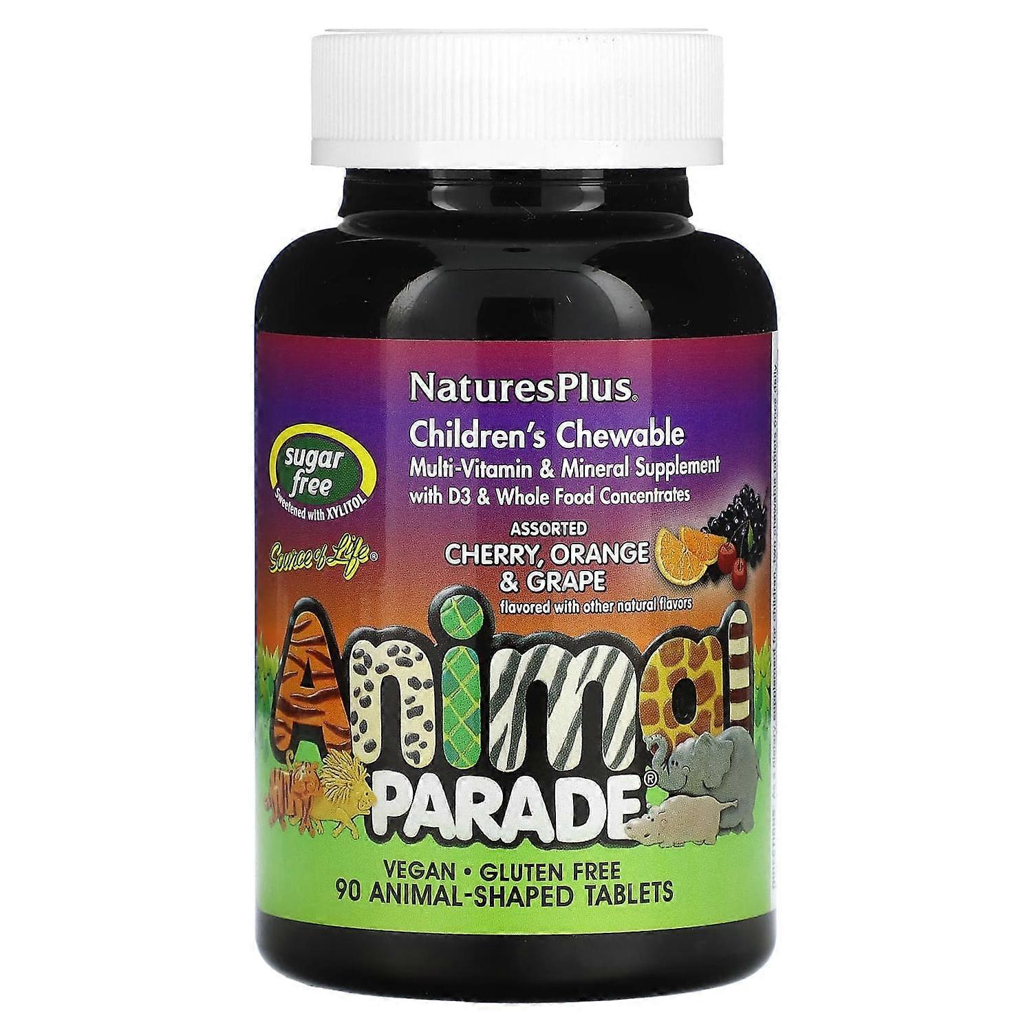 NaturesPlus, Source of Life, Animal Parade, Children's Chewable Multi-Vitamin & Mineral Supplement, Sugar Free, Assorted, 90 Animal-Shaped Tablets