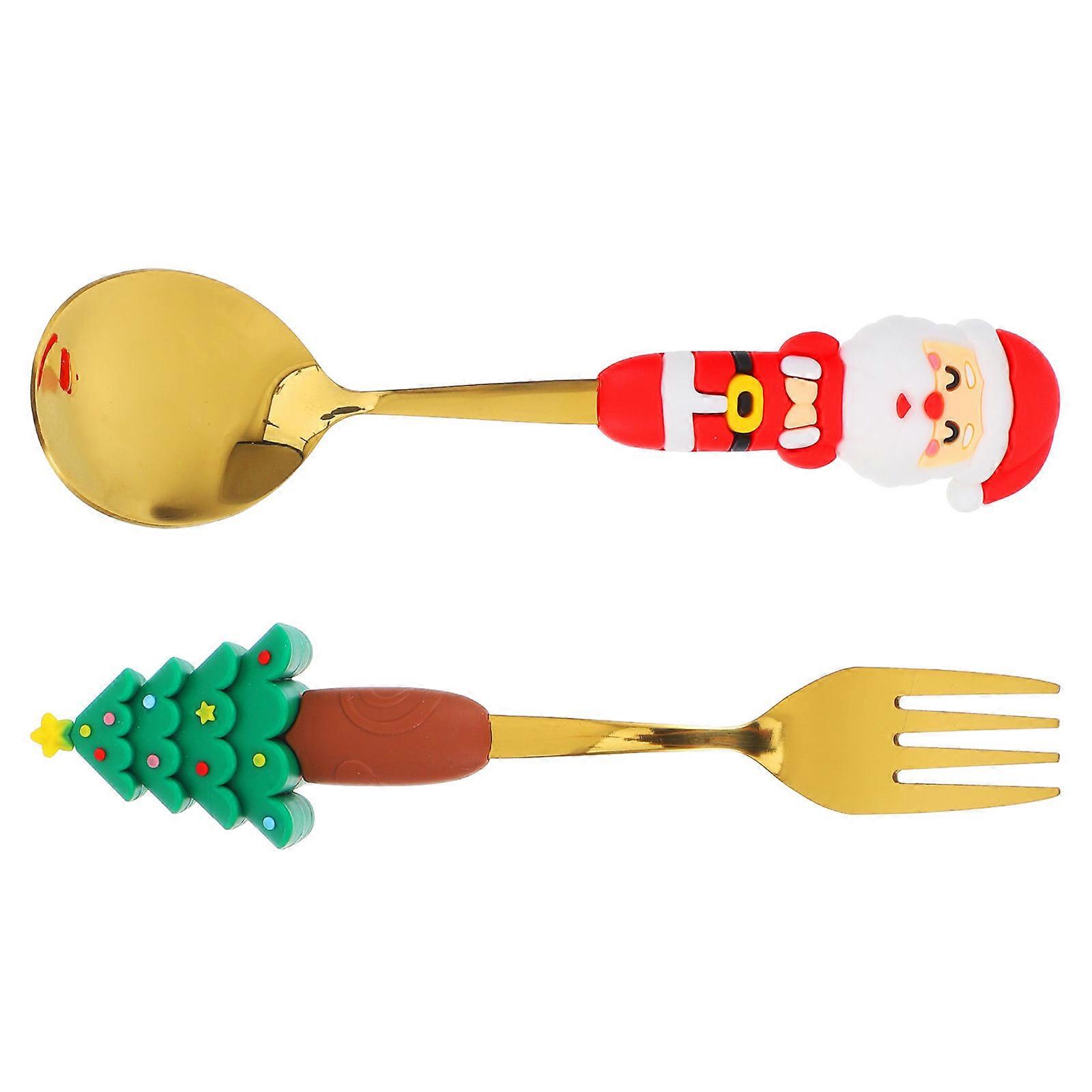 Christmas Spoons Fork and Spoon Set for Tea Party 5Sets with PVC Figurine Handles