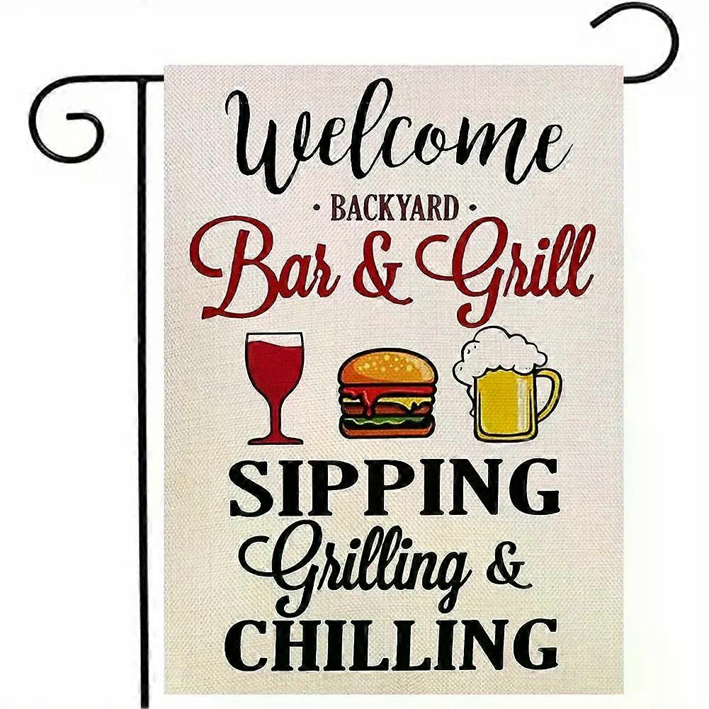 דגל גינה דו צדדי בנושא ברביקיו וגריל עם המבורגרים, ספלי בירה וכוסות יין, 12x18 אינץ'