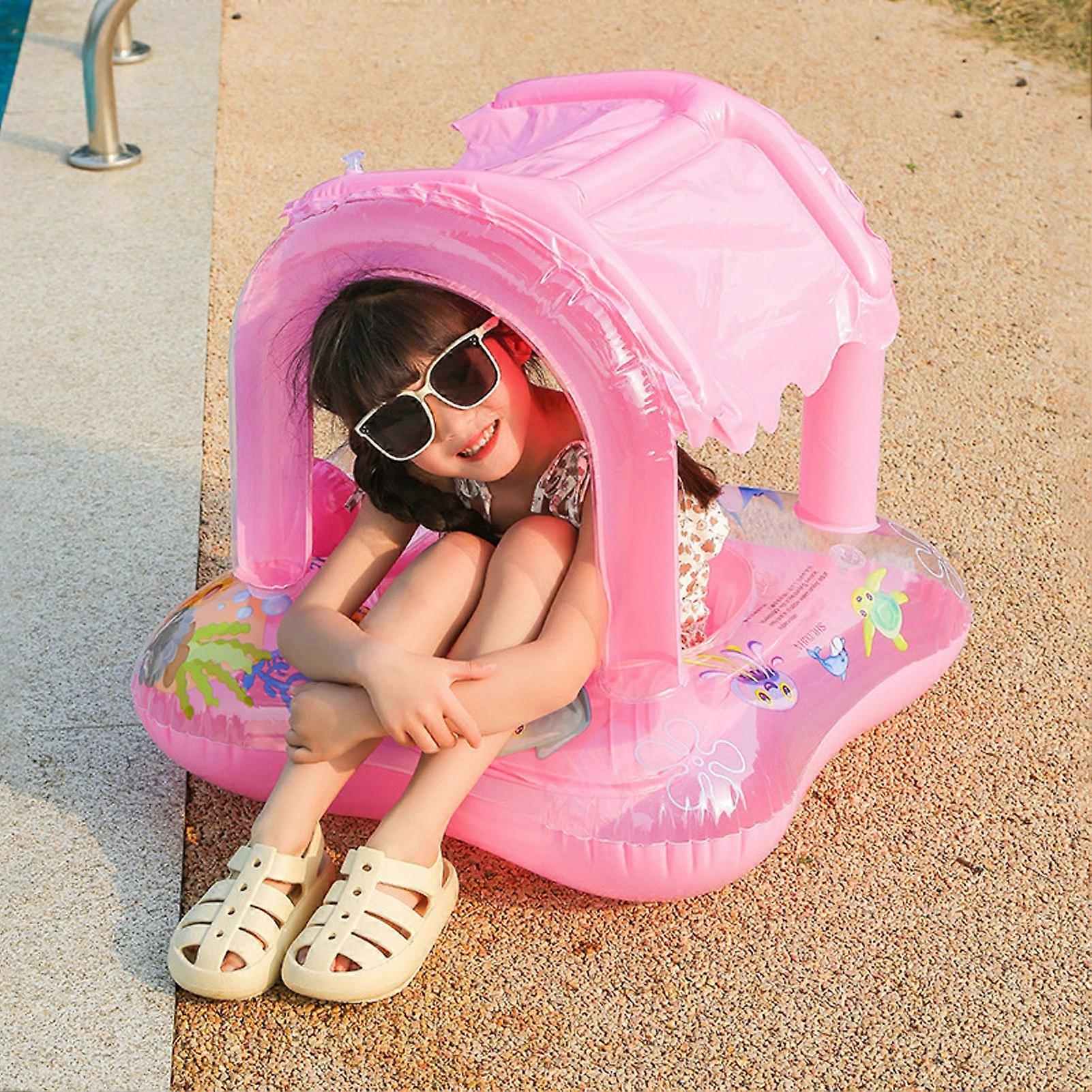 Baby Pool Float Sunshade Swim Ring Infants Seat Boat Inflatable Toy with Awning Handle Small Bell Pink 