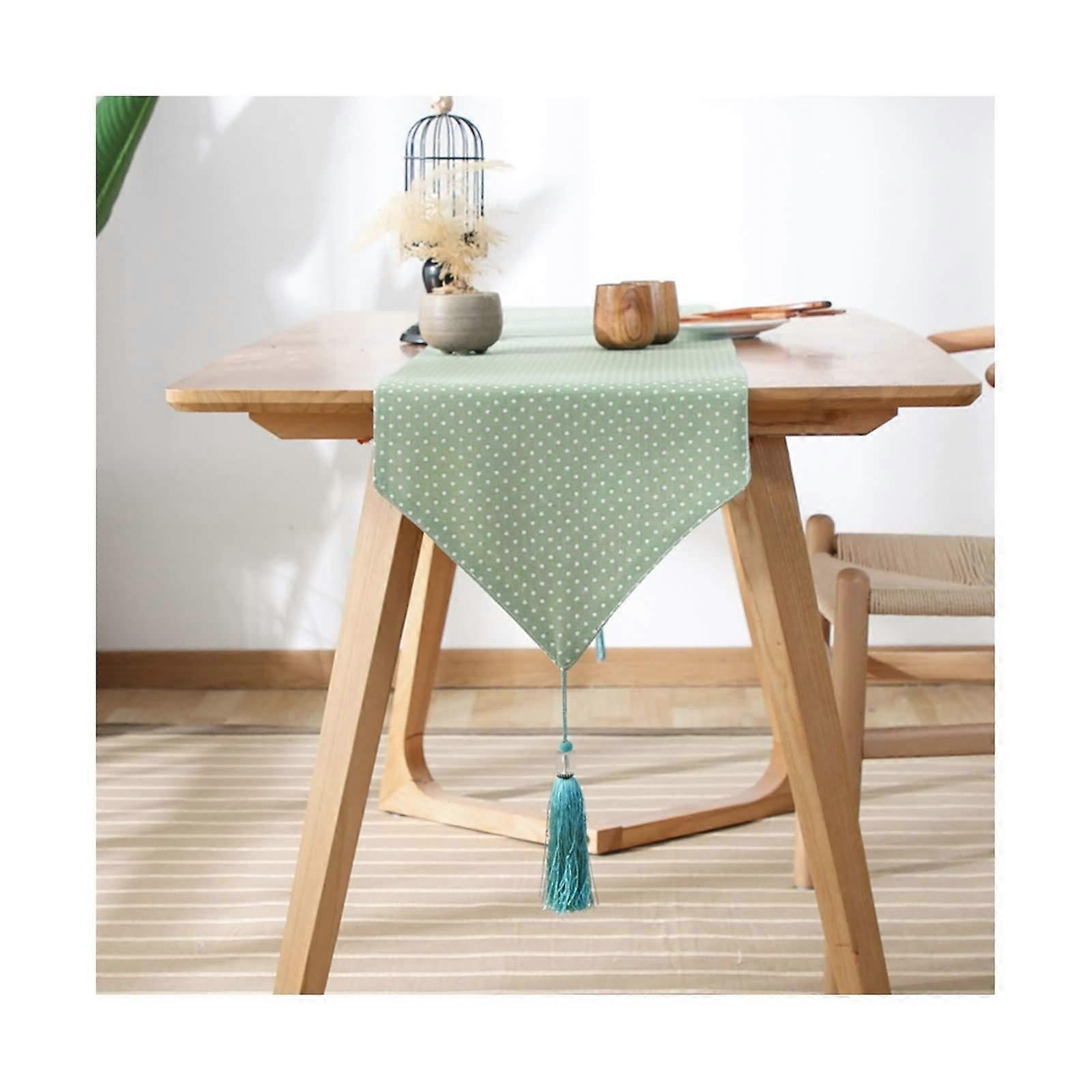 Table Runner Cotton Dot Pattern Green Tassel 33x240 Cm