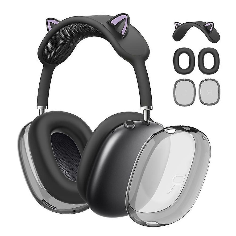jixopn 3-in-1 Cat Ears Silicone+TPU Cover Set for Apple AirPods Max - Transparent, Anti-Scratch, Shockproof Ear Cushion & Headband Protector