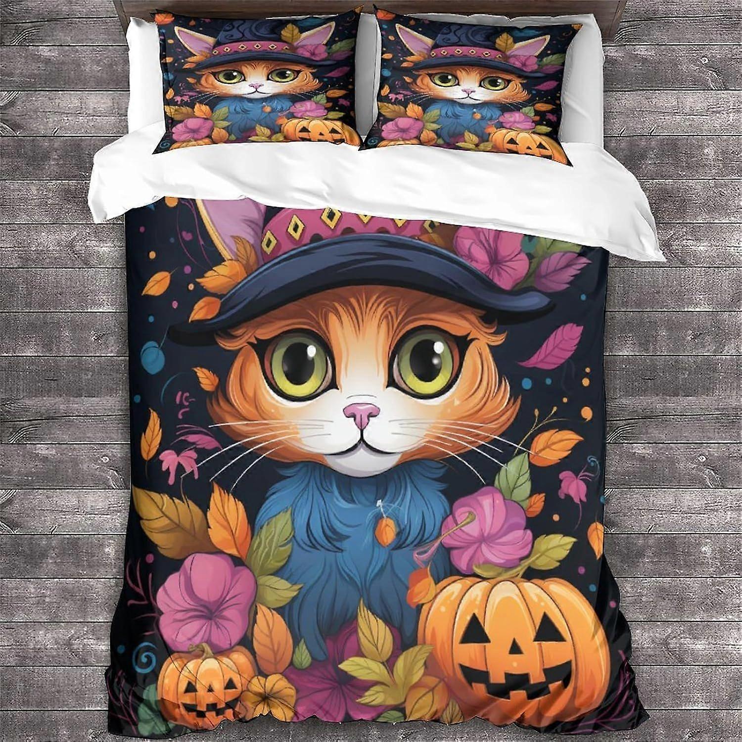 LikeEj Capa de edredom para gato com fronhas Conjunto de cama animal padrão de Halloween com fechamento com zíper Capa macia de colcha de microfibra