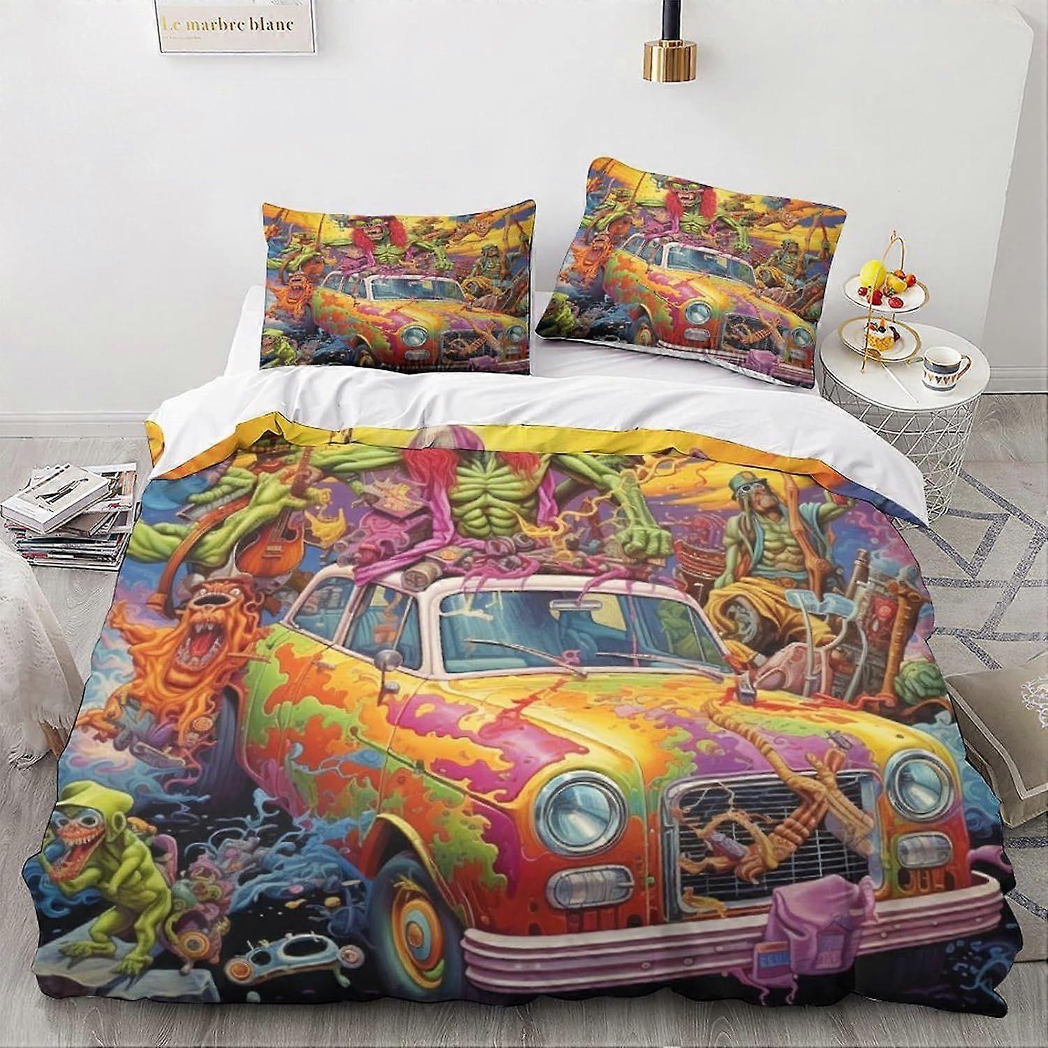 LikeEj carro vintage 3D edredom capa set efeito dos desenhos animados para crianças e adultos impresso colcha de cama conjunto com fronhas monstros