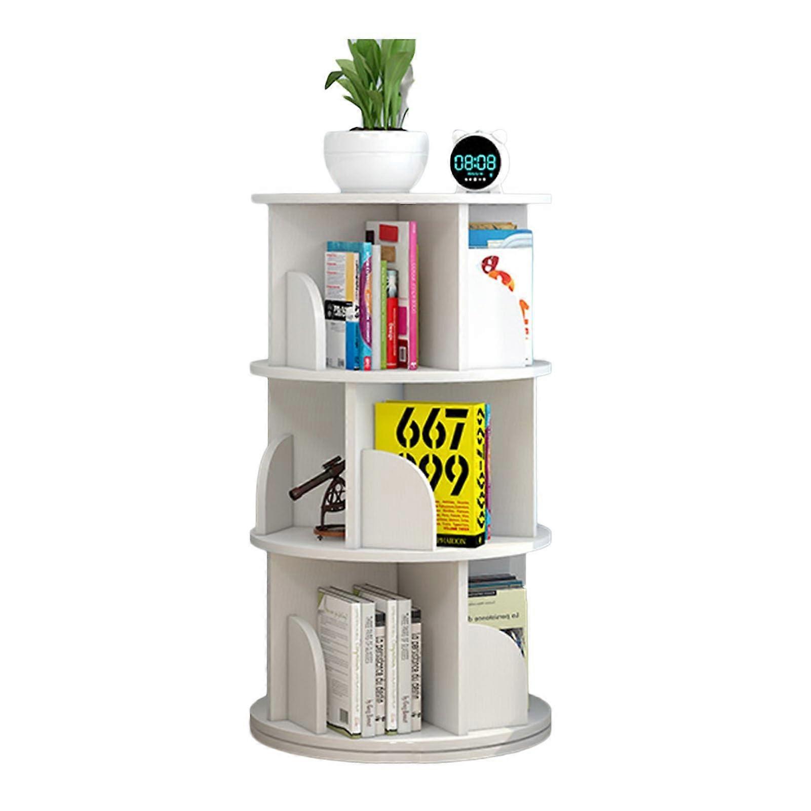 3Tier Rotating Bookshelf with CD Storage Rack, Floor Standing Round Bookcase for Kids and Adults, White 40x40x98cm