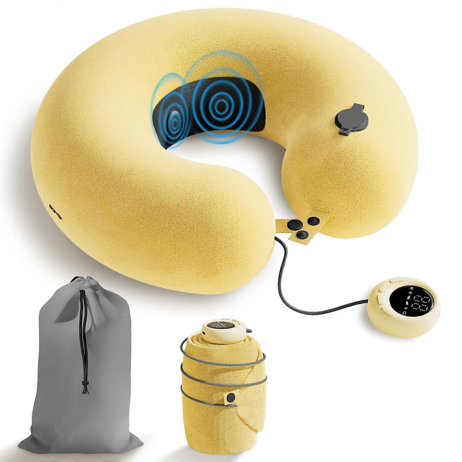 Travel Neck Pillow with 6Mode Vibration, Inflatable Soft Support for Airplane, Car and Home