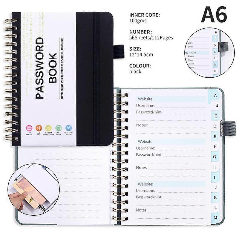 Spiral Password Keeper Book 56 Sheets Alphabetical Tabs Notebook PU Leather Cover Pen Holder Secure Internet Password Organizer