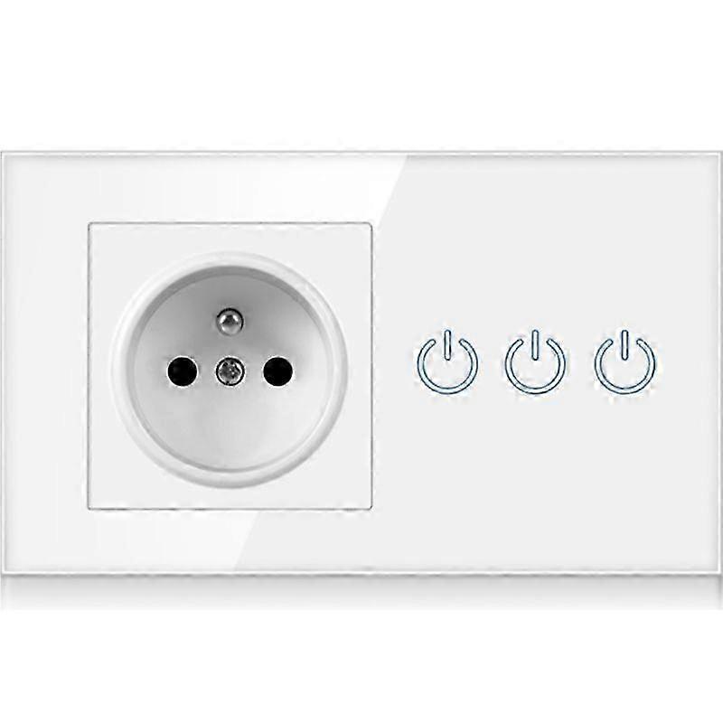 26-27 EU Power Outlet Socket Glass Panel Triple Light Touch Switch 100V~250V French Wall Electrical Socket