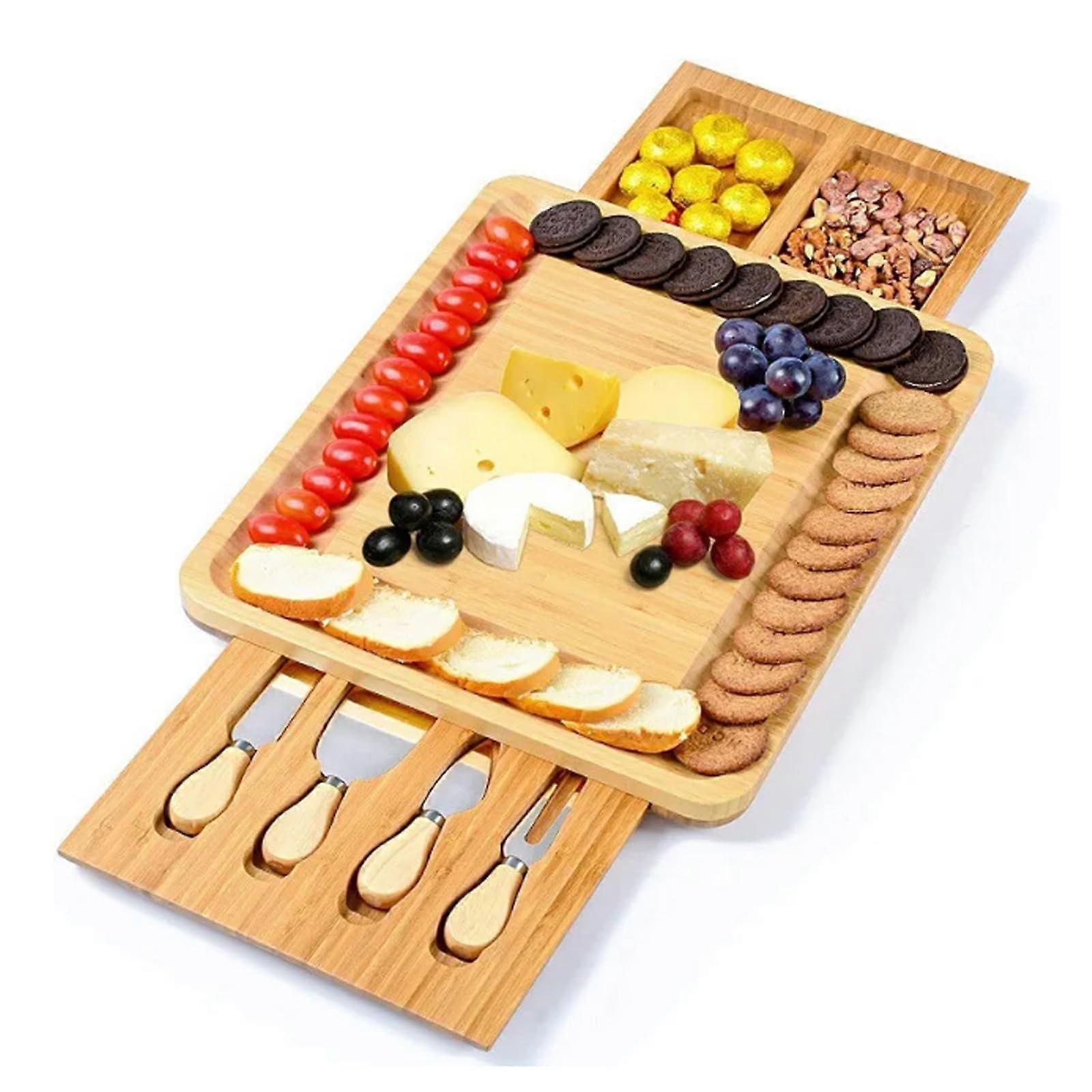 Cheese Board Set Bamboo with Magnetic Lock Drawer Large Serving Surface and Four Precision Knives