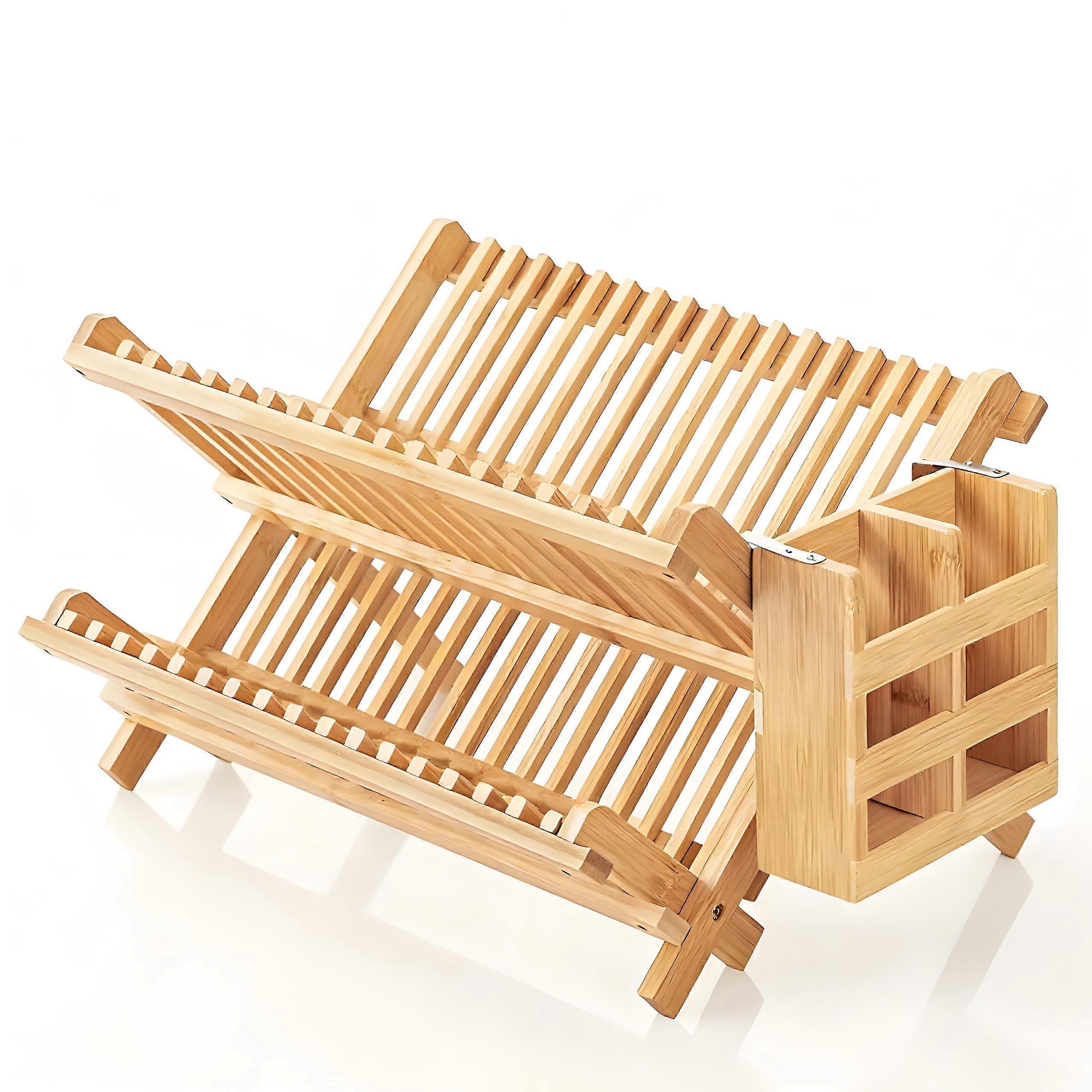 Collapsible 2Tier Bamboo Dish Drying Rack with Utensil Holder for SpaceSaving Kitchen Counter
