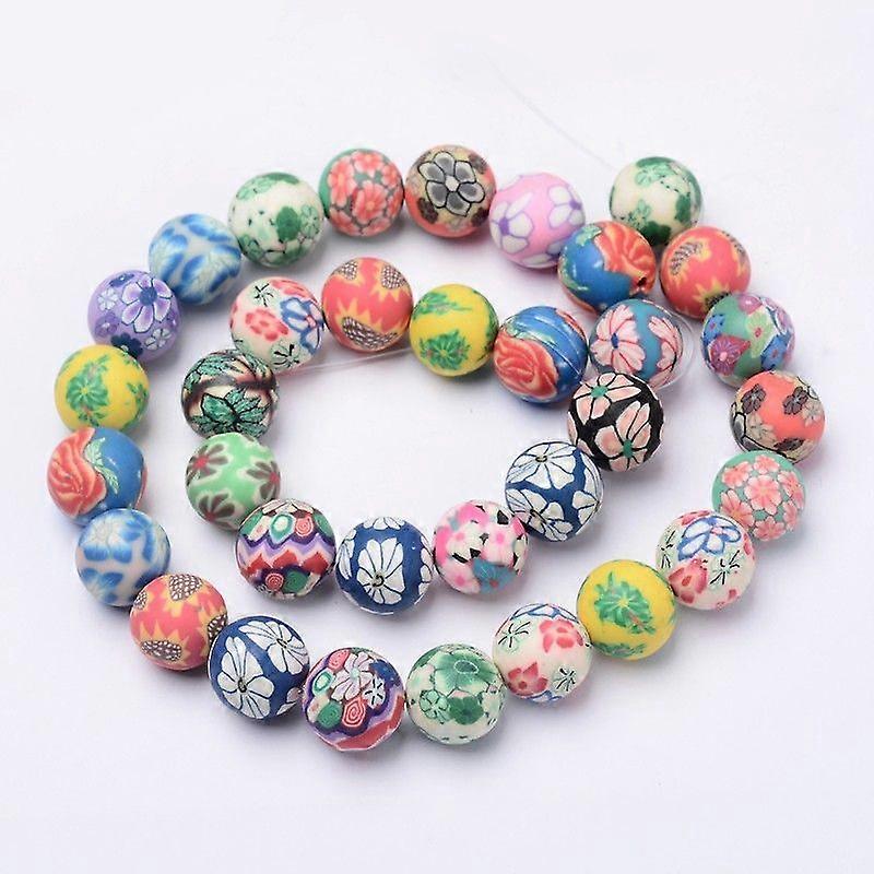 Handmade Polymer Clay Beads Round with Floral Pattern Mixed color 12mm