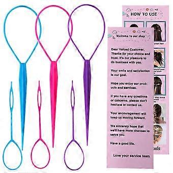 6pcs Hair Styling Tools Set - Ponytail Makers, French Braid Loops, Hair Pull Through Tools, Large and Small Sizes, 3 Colors Pink Blue Purple