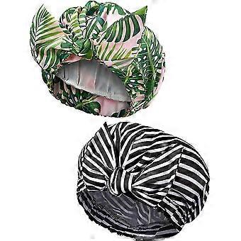 SNDO-2 Pieces Shower Caps for Women, Reusable Waterproof Elastic Hem Turban Shower Caps Bath Shower Caps for Long Hair (Palm Leaf and Stripe)