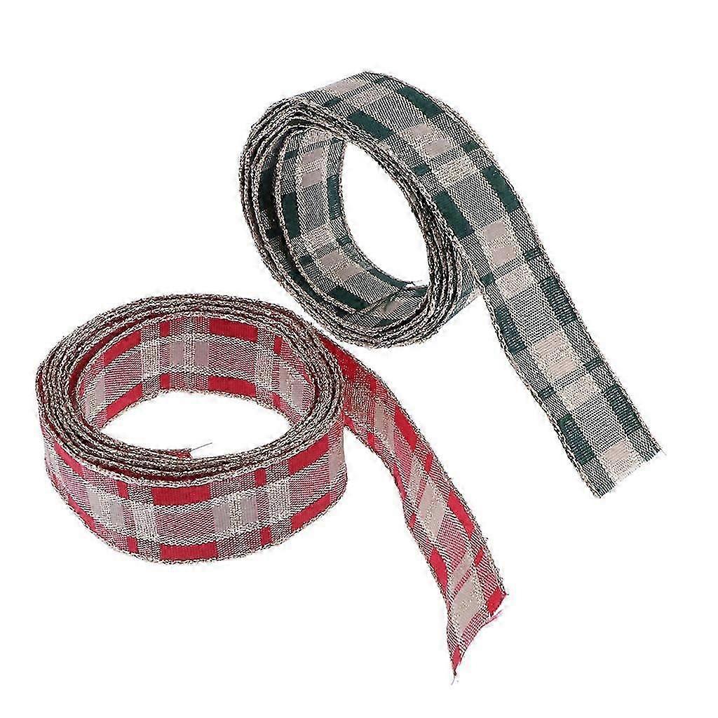2pcs Grid Pattern Christmas Ribbons - Wired Satin Ribbons for Craft Projects
